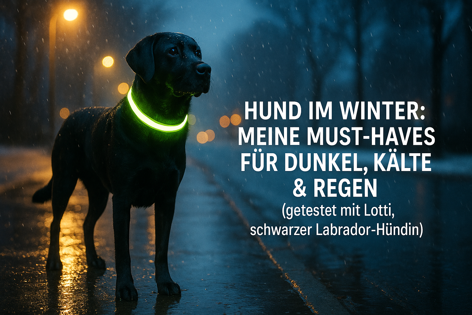 Hund im Winter: Meine Must-Haves für Dunkel, Kälte & Regen (getestet mit Lotti, schwarzer Labrador-Hündin)